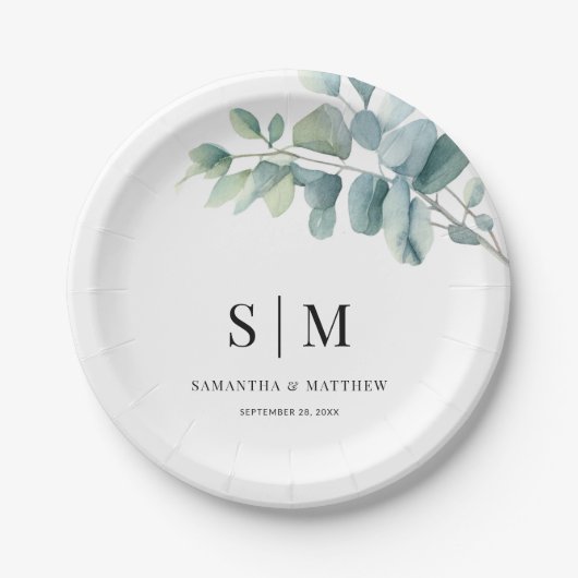 Assiettes En Carton Eucalyptus Simple Élégant Couple Initiales Mariage (Devant)
