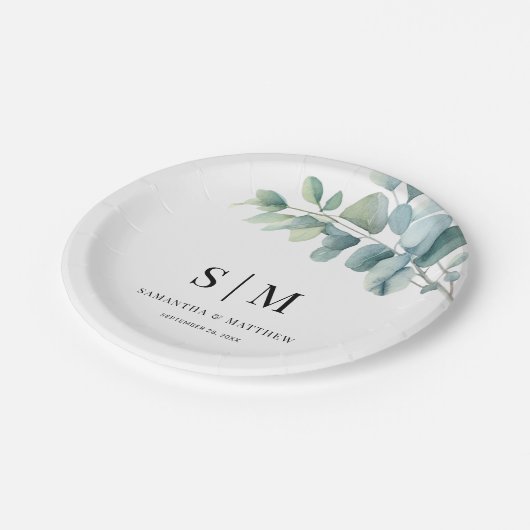 Assiettes En Carton Eucalyptus Simple Élégant Couple Initiales Mariage (Angle)