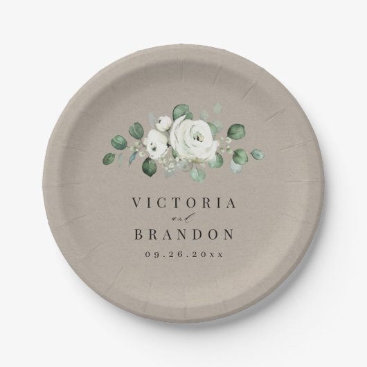 Assiettes En Carton Eucalyptus Verdure blanc floral rustique mariage (Devant)