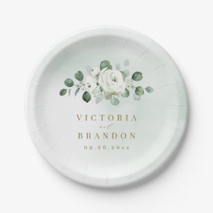 Assiettes En Carton Eucalyptus Verdure blanc floral rustique mariage