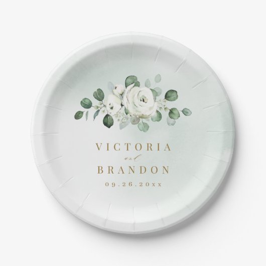 Assiettes En Carton Eucalyptus Verdure blanc floral rustique mariage (Devant)
