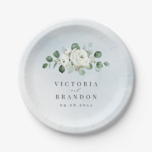Assiettes En Carton Eucalyptus Verdure blanc floral rustique mariage