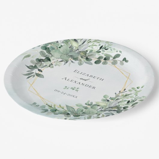 Assiettes En Carton Eucalyptus Verdure Géométrique Mariage élégant (Angle)