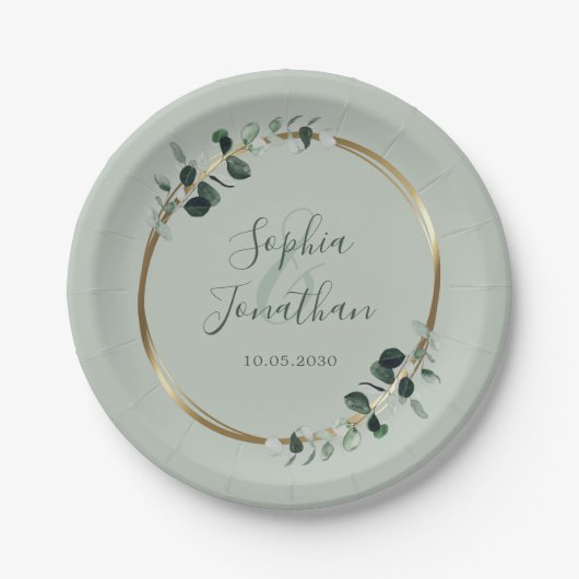 Assiettes En Carton Eucalyptus Verdure Gold Sage Mariage personnalisé (Devant)