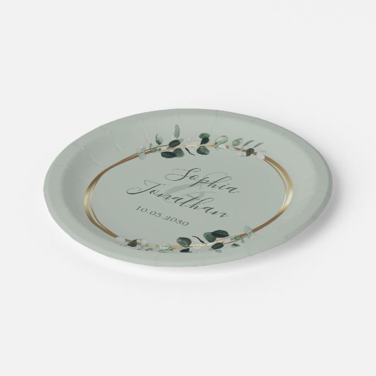 Assiettes En Carton Eucalyptus Verdure Gold Sage Mariage personnalisé (Angle)