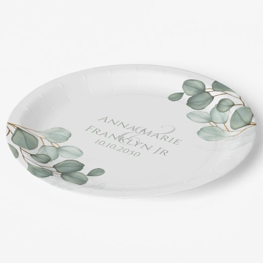 Assiettes En Carton Eucalyptus Verdure Mariages Élégant Foliage (Angle)