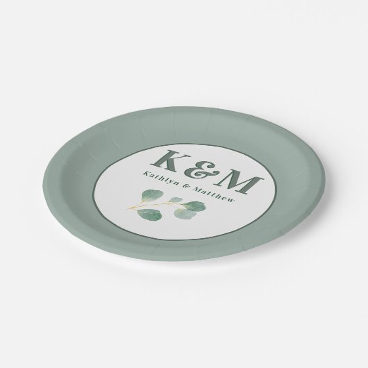 Assiettes En Carton Eucalyptus Verdure Moderne Mariage Monogramme (Angle)