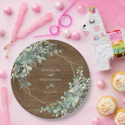 Assiettes En Carton Eucalyptus Vert Bois rustique Mariage géométrique (Fête)