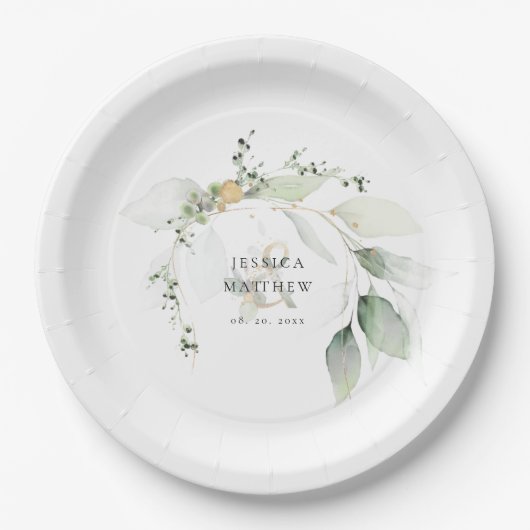 Assiettes En Carton Eucalyptus vert et or moderne (Devant)