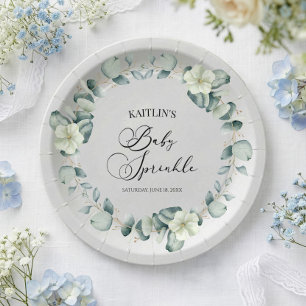 Assiettes En Carton Eucalyptus Vert Feuille Botanique Bébé saupoudré