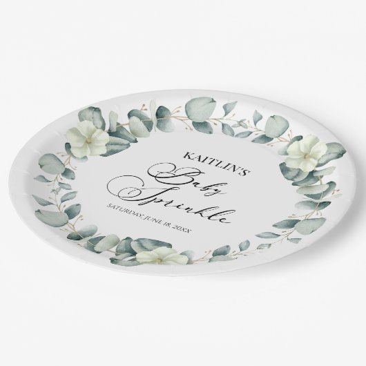 Assiettes En Carton Eucalyptus Vert Feuille Botanique Bébé saupoudré (Angle)