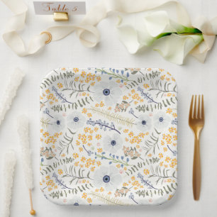 Assiettes En Carton Événement botanique Fleurs Jaune Bleu