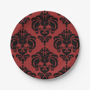 Assiettes En Carton Événement de mariage vintage damassé rouge foncé e