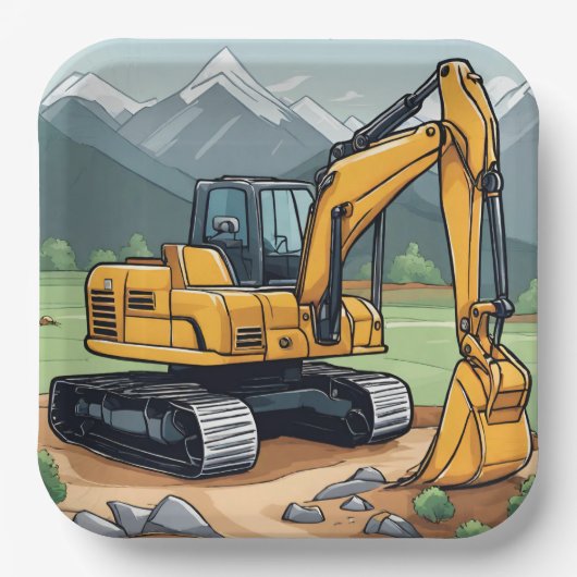 Assiettes En Carton Excavateur Construction Équipement Digger Annivers (Recto)