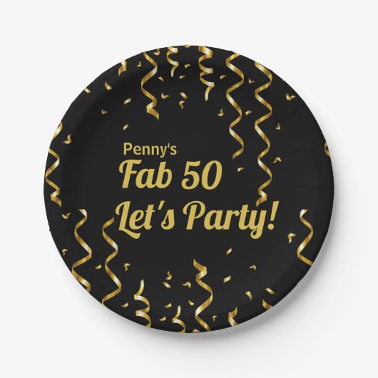 Assiettes En Carton Fab Black and Gold Ribbons 50e fête d'anniversaire (Devant)