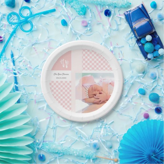 Assiettes En Carton Faire-part de naissance photo rose En vichy emprei (Fête)