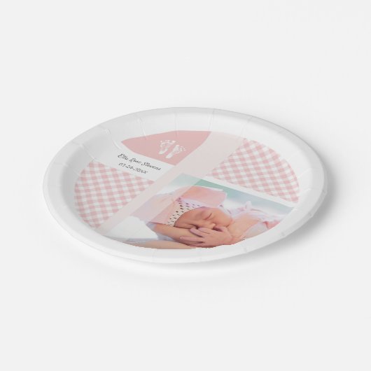 Assiettes En Carton Faire-part de naissance photo rose En vichy emprei (Angle)