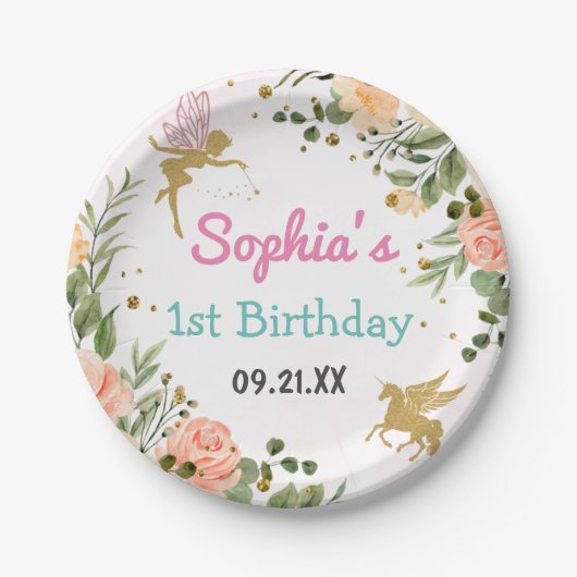Assiettes En Carton Fairy And Unicorn Floral Gold Parties scintillant  (Devant)