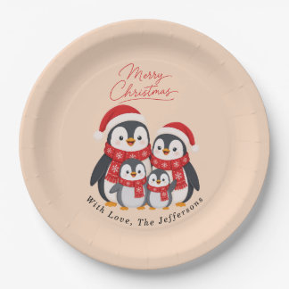 Assiettes En Carton Famille de manchots adorables de Noël personnalisé