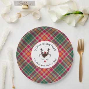 Assiettes En Carton Famille de Noël élégante Tartan Plaid & Renne