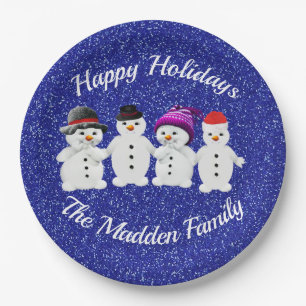 Assiettes En Carton Famille de quatre Snowmen Blue Sparkle Winter