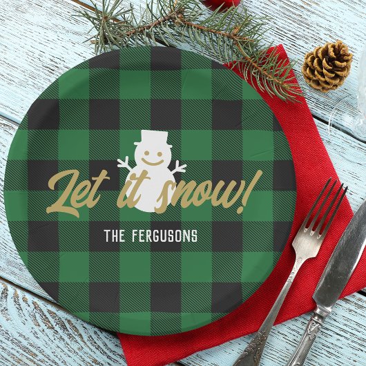 Assiettes En Carton Famille Laisser neiger Noël Vert Buffle Plaid
