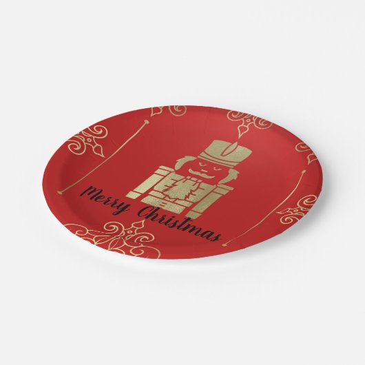 Assiettes En Carton Fancy Elegant Gold & Red Nutcracker Holiday Party (Angle)