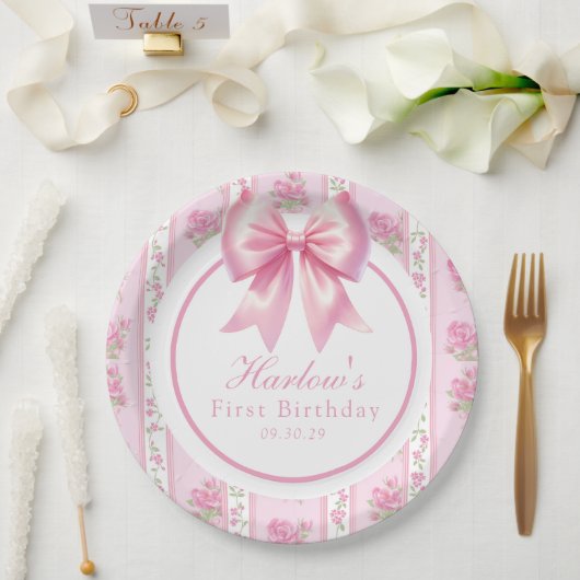 Assiettes En Carton Fancy One Rose Coquette Bow Premier anniversaire (Mariage)