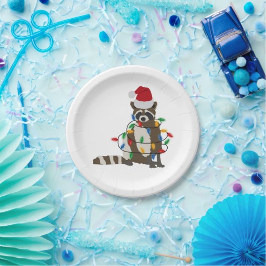 Assiettes En Carton Fantaisie Noël Raccoon Santa Hat Noël Lumières (Fête)