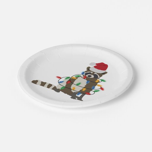 Assiettes En Carton Fantaisie Noël Raccoon Santa Hat Noël Lumières (Angle)