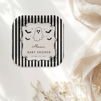 Assiettes En Carton Fantôme en gingham noir Halloween