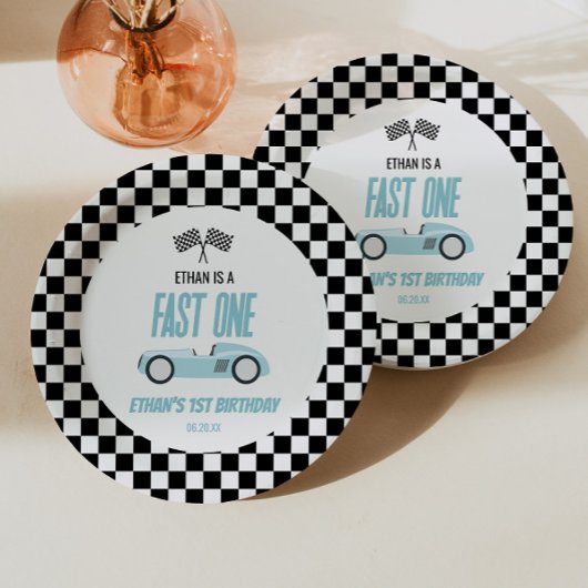 Assiettes En Carton Fast One Blue Race Car 1ère fête d'anniversaire