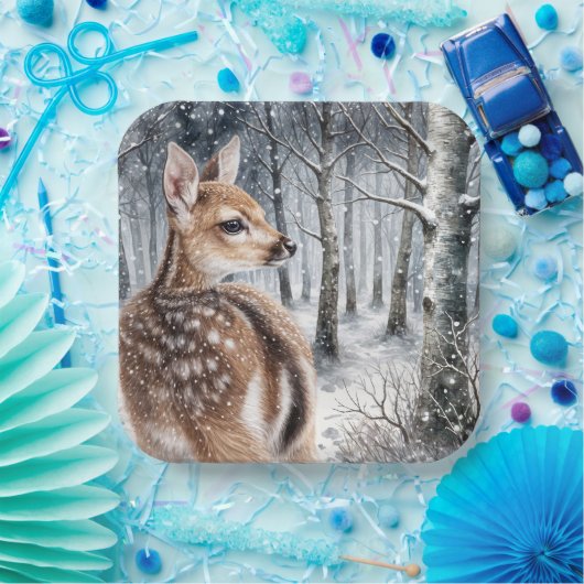 Assiettes En Carton Faune Blanche Dans La Forêt D'Hiver (Fête)