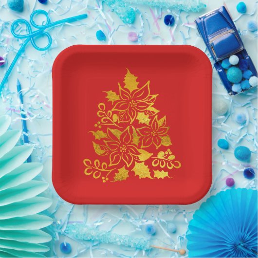 Assiettes En Carton Faux Gold Foil Poinsettias Christmas Trees (Fête)