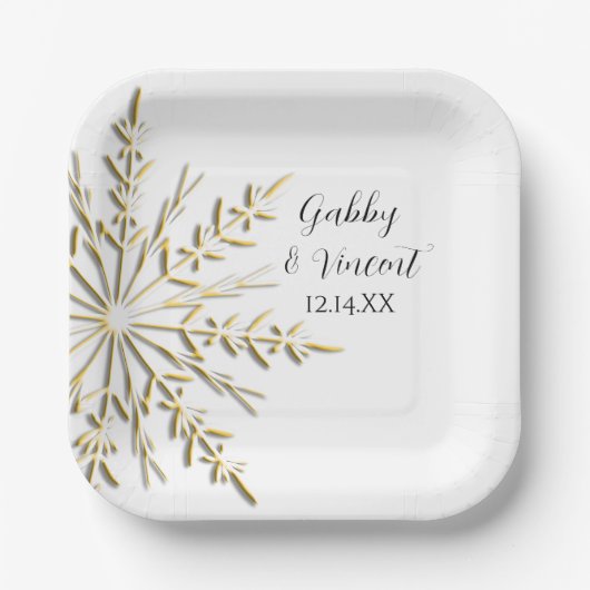 Assiettes En Carton Faux Gold Snowflake Mariage d'hiver (Recto)