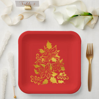 Assiettes En Carton Faux poinsettias en feuille d'or arbres de Noël 