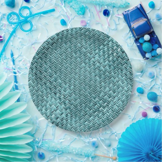 Assiettes En Carton Faux Rattan Turquoise Turquoise Zigzag Motif (Fête)