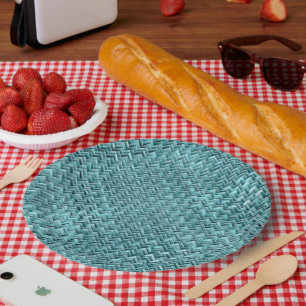 Assiettes En Carton Faux Rattan Turquoise Turquoise Zigzag Motif