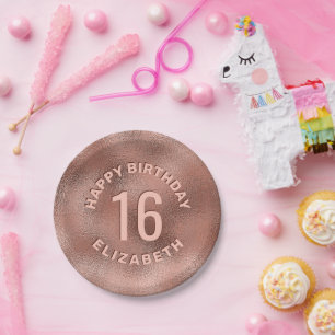 Assiettes En Carton Faux Rose Gold Foil Texture Joyeux Anniversaire & 