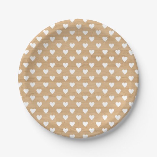 Assiettes En Carton Faux Wood | Plaque de papier Motif de Coeurs blanc (Devant)