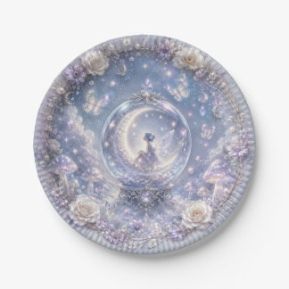 Assiettes En Carton Fée éclairée par la lune dans un globe de cristal