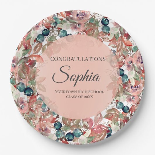 Assiettes En Carton Félicitations à Pink Turquoise Floral Graduation (Devant)