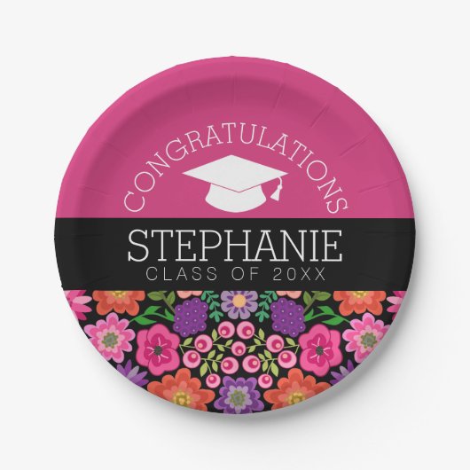 Assiettes En Carton Félicitations Diplômée Fleurs Filles Diplômée (Devant)
