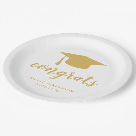 Assiettes En Carton Félicitations Élégant Gold et White Graduation Cap (Angle)