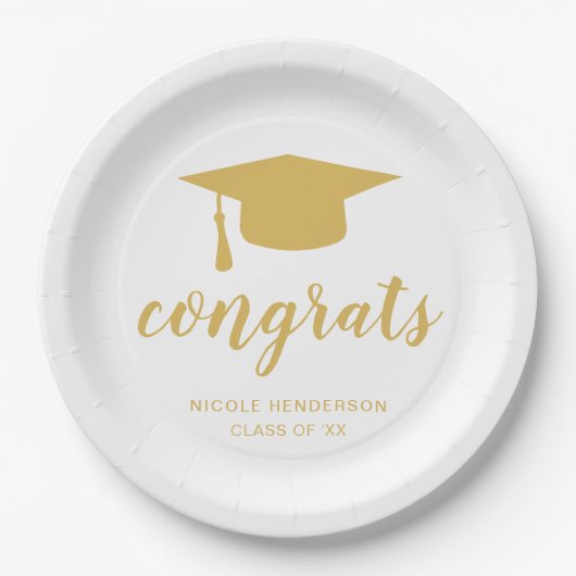 Assiettes En Carton Félicitations Élégant Gold et White Graduation Cap (Devant)
