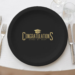 Assiettes En Carton Félicitations Noir & Or Promotion Diplômée