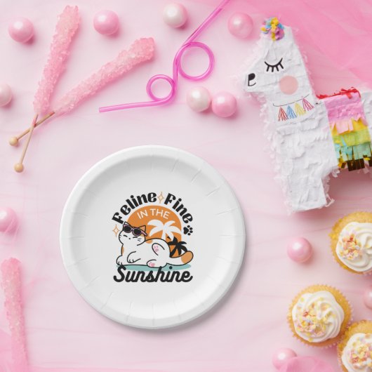 Assiettes En Carton Feline fin au soleil - Chat Tropical relaxé (Fête)