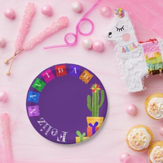 Assiettes En Carton Feliz Navidad Fiesta Green Cactus Sur Violet (Fête)