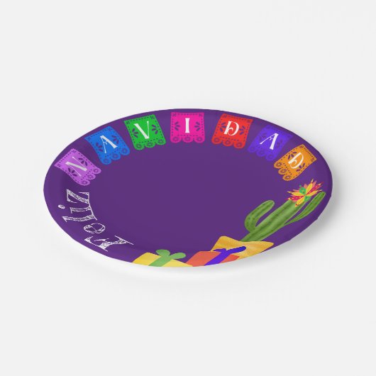 Assiettes En Carton Feliz Navidad Fiesta Green Cactus Sur Violet (Angle)