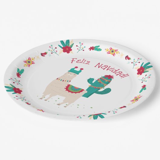 Assiettes En Carton Feliz Navidad Llama brillante et festive Noël (Angle)